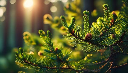 Wall Mural - Serene close-up of lush green pine needles and delicate cones illuminated by soft sunlight, revealing intricate textures and calming beauty.