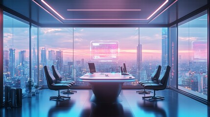 Poster - modern conference room with panoramic city views at sunset in a sleek high-rise building