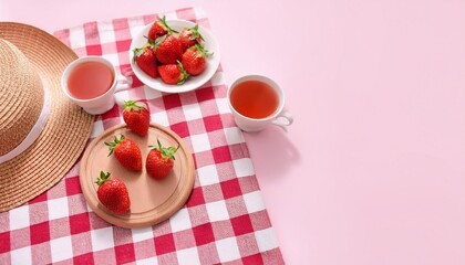 Wall Mural - a picnic blanket with a hat strawberries and tea on a pink and white background