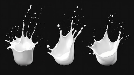 Wall Mural - Set of vivid white milk splashes, black background, high contrast. High Contrast. Illustration