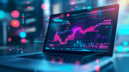 Wall Mural - Laptop showing growing statistics chart in futuristic environment