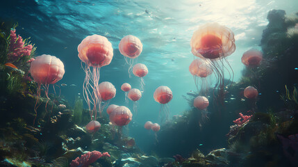 Surreal underwater scene with balloon-like sea creatures, cinematic wide shot. Cinematic. Illustration