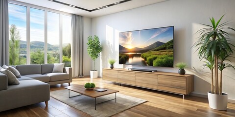 Contemporary living room featuring a sleek flat-screen television mounted on the wall amidst a minimalist backdrop of