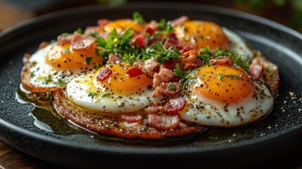 Wall Mural - Delicious Fried Eggs with Crispy Bacon and Parsley