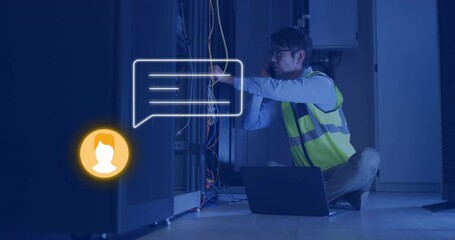 Poster - animation of media icon over asian male worker talking on smartphone in server room