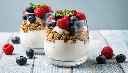 Wall Mural - greek yogurt parfait with fresh berries and granola in glass