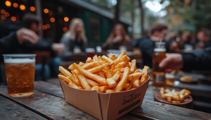 Poster - French Fries and Beer at a Outdoor Restaurant