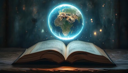 Wall Mural - Enchanted book with a radiant Earth floating above, embodying the essence of knowledge and global consciousness