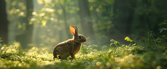 A serene rabbit in a sunlit forest, showcasing nature's tranquility.