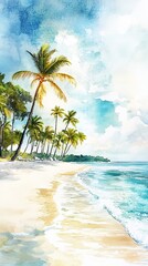 Wall Mural - A serene tropical beach scene with vibrant palm trees, soft white sand, and crystal-clear waters under a bright blue sky.