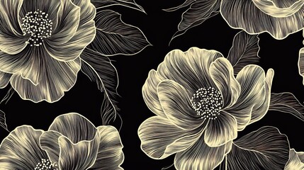 Black and white seamless floral line art pattern, elegant, simple, and timeless.