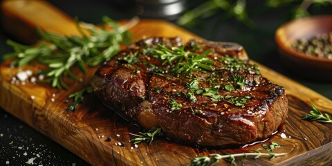 Canvas Print - Ribeye Steak Served on a Wooden Board with Seasonings and an Electric Grill