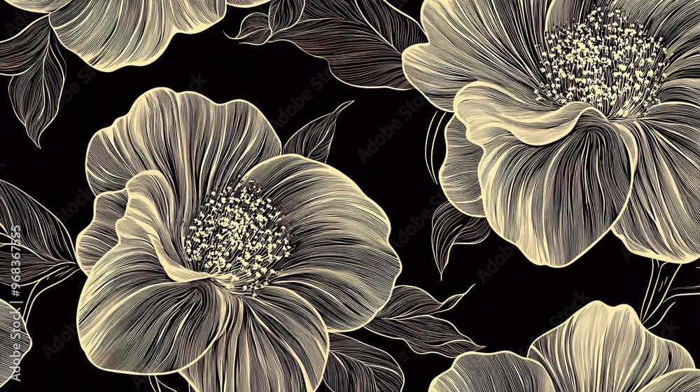 Seamless pattern simple black and white floral line art. Vector ...