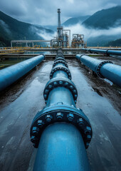 gas pipeline pipes, large industrial petrol station, heating, gas transmission over distance, water supply, equipment, technology, engineering, oil, chemistry