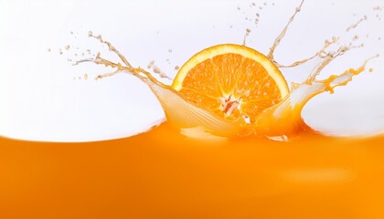 Wall Mural - high speed photo of a juicy orange slice with splashing juice on white background orange slice in center juice splashing diagonally bright orange juice deep orange slice