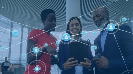 Poster - Animation of network of connections with icons over diverse business people discussing work