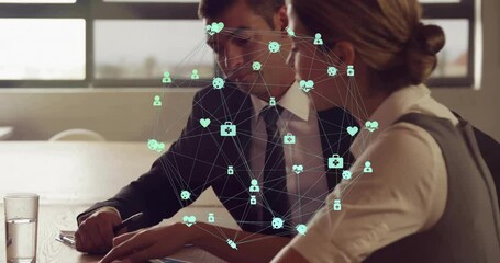 Poster - Animation of network of connections with icons over caucasian colleagues at meeting