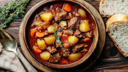 Poster - Panning over a Delicious Bowl of Beef Stew on a Wooden Table