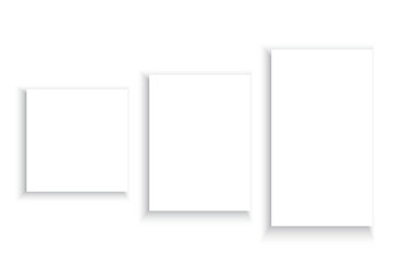 Poster - Blank rectangular paper set. Shadowed floating sheets. Simple white background. Minimal vector design.