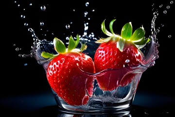 Several ripe wet red strawberries on white or colored background with splashes of water
