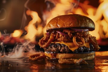 Wall Mural - A mouth-watering burger with crispy onions, with fire creating a dramatic backdrop in a close-up shot