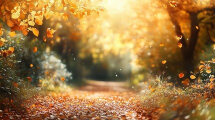 Canvas Print - Golden Autumn Leaves Falling on a Forest Path