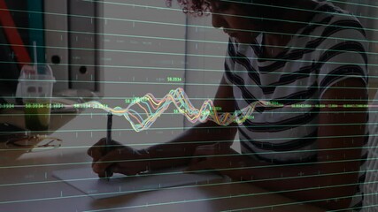 Sticker - Animation of data processing and diagrams over biracial woman taking notes