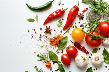 A flat lay of mixed vegetables and spices on a white surface, with a clear area for copy