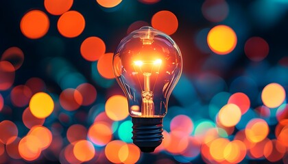 Illuminated light bulb amidst a vibrant bokeh backdrop, representing creativity and inspiration through glowing colors.