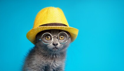 gray kitten in a hat on a blue background with yellow glasses