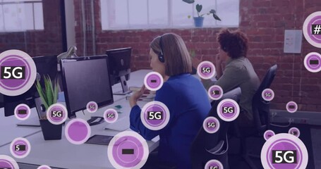 Poster - Animation of 5g texts over diverse colleagues using phone headsets in office