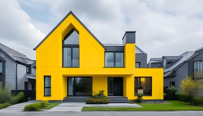 Wall Mural - Vibrant yellow house contrasts strikingly against gray surroundings, embodying individuality and uniqueness in real estate.