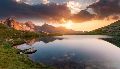 tranquil alpine lake reflects dramatic sunset sky in remote wilderness landscape