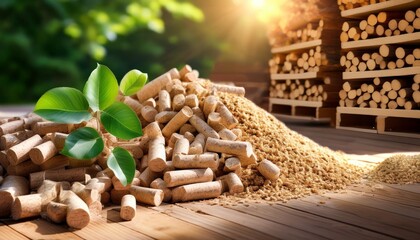 ground level of heap of compressed wood pellets stacked on floor near chopped firewood of various types with green leaves and biomass briquettes in sunlight