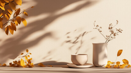 cup of tea on table by window sunlight and leaves pottery autumn beige neutral background