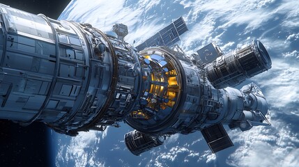 A futuristic space station orbits a blue planet, with white clouds covering the surface.