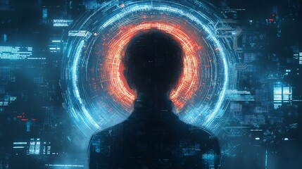 Poster - Silhouette Human Head Digital Data Stream