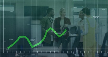 Poster - Animation of data processing and diagrams over diverse colleagues discussing work in office