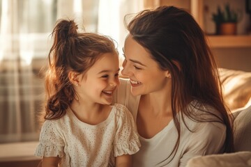 High-resolution brightly lit photorealistic candid photograph of a mother and daughter bonding together in a warm, inviting living room. The photo has a light and cheerful vibe, styled like a premium