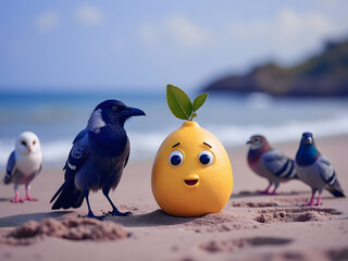 Crow, Pigeons, and owl friends with Cute Funny Face Lemon On the Sandy Beach Ocean Waves In The Background 