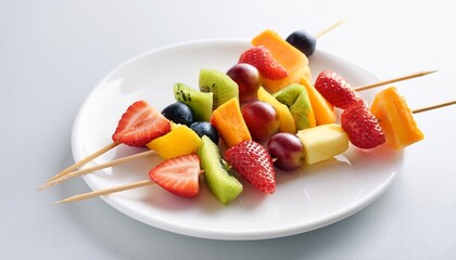 Wall Mural - wooden skewers with some slices of different fresh fruits on a white dishware