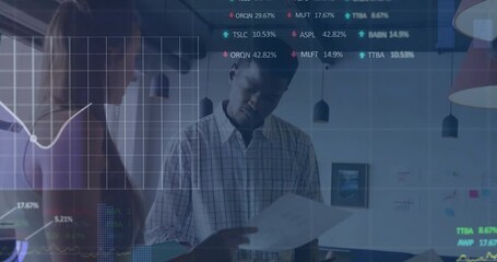 Poster - Animation of data processing and diagrams over diverse colleagues discussing work in office
