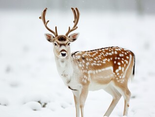 A deer with antlers stands in the snow