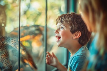 Wall Mural - High-resolution brightly lit photorealistic candid photograph of a family enjoying the zoo, with the son excitedly looking at an animal exhibit, and a creamy bokeh background. The photograph is