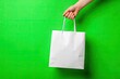 © Musarrof - Female hand holding white blank shopping bag isolated on green background. Black friday sale, discount, recycling, shopping and ecology concept.