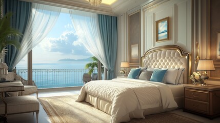 Wall Mural - Cozy beachside bedroom with ocean view and natural light during the day