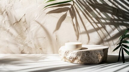 Wall Mural - Chic product showcase on stone with faint palm leaves shadow, raw photo