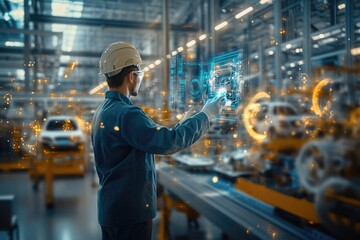 Wall Mural - Very realistic and photographic photo of an engineer at work in a futuristic factory hall, engaging with a holographic display amidst electric vehicle production. The color palette includes metallic