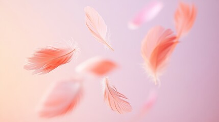 Wall Mural - Floating pink feathers on a pastel background