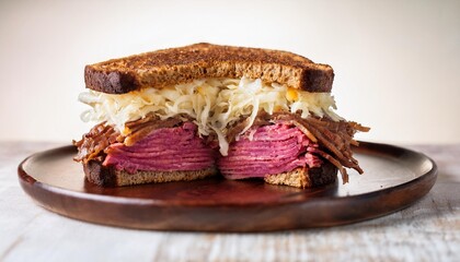 Wall Mural - a perfectly grilled reuben sandwich layered with corned beef sauerkraut swiss cheese and rye bread creating a mouthwatering culinary delight